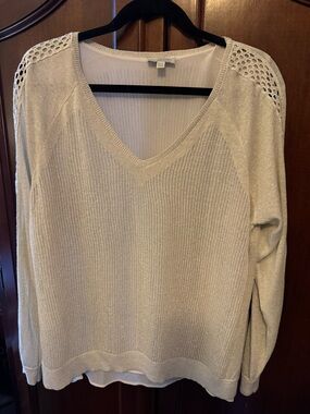 Lucky Brand Cream Shimmer V-Neck Sweater with Crochet sleeves